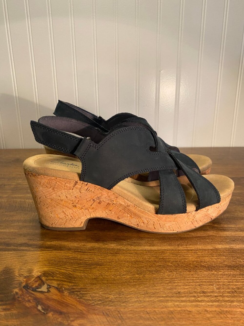 CLARKS - Navy Blue Strappy Wedge Heels - Women's size 11